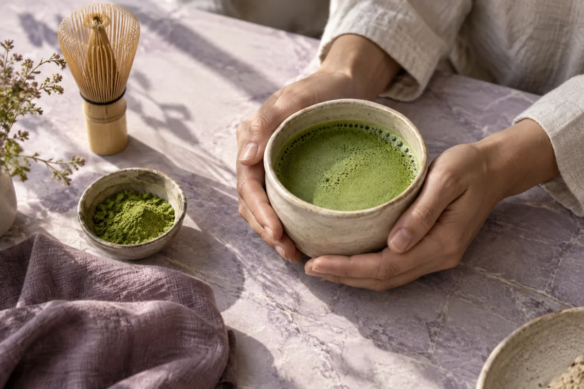 Manos sosteniendo una taza de matcha en una mesa de preparación