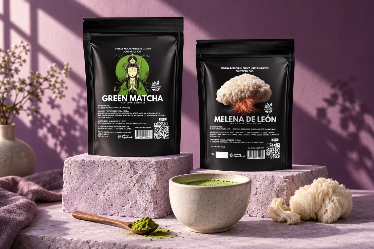 Matcha y Melena de León Galaxy sobre piedra lavanda, con una taza de matcha
