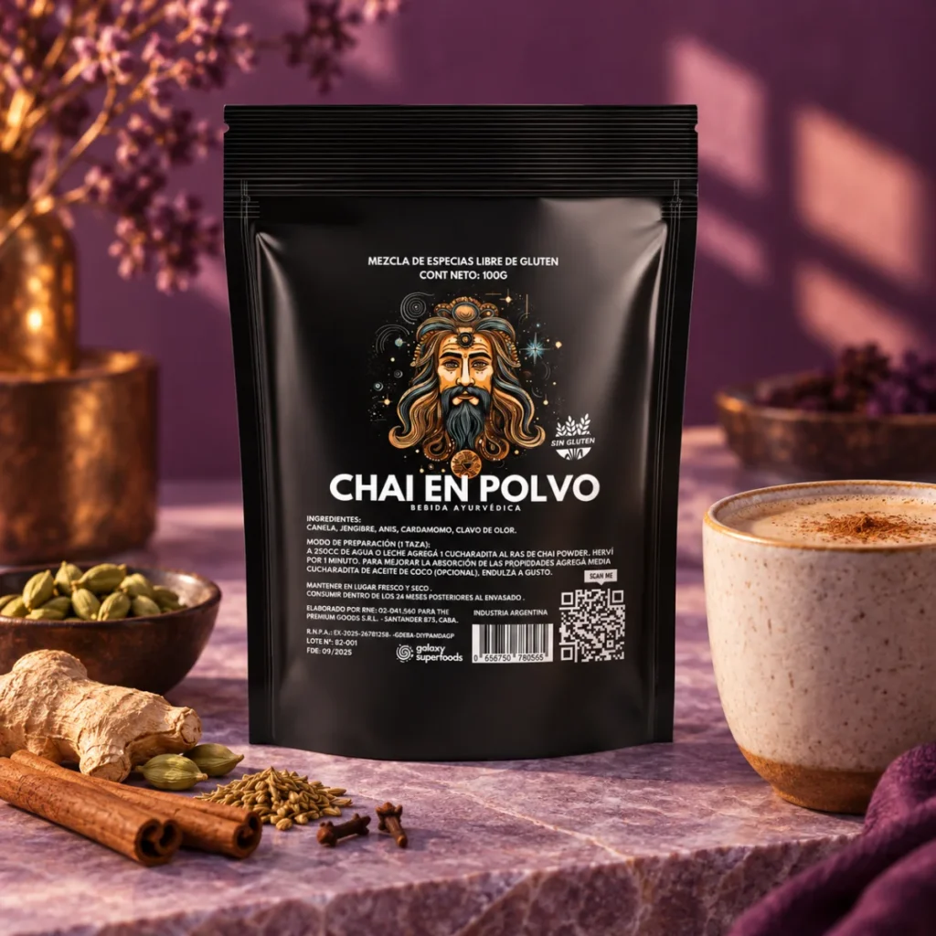 Chai en polvo — envase Galaxy en una escena de presentación