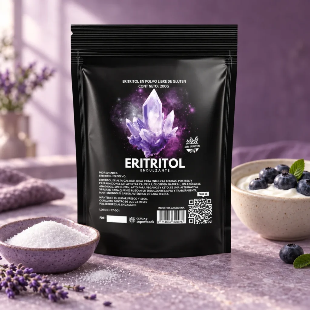 Eritritol puro — envase Galaxy en una escena de presentación