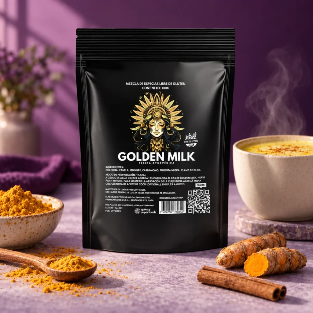 Golden Milk — envase Galaxy en una escena de presentación