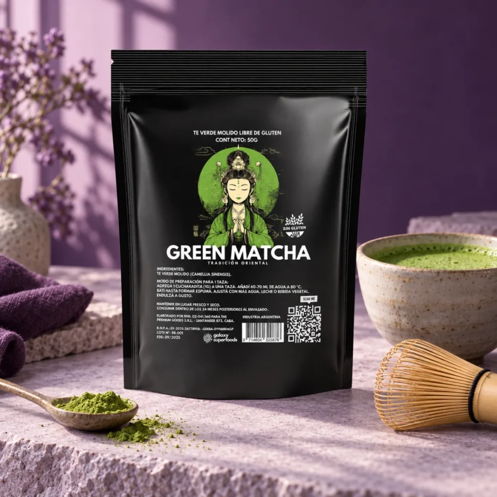 Matcha en polvo — envase Galaxy en una escena de presentación