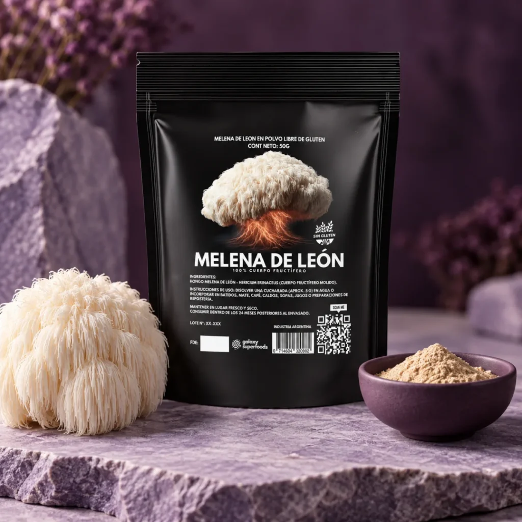 Melena de León — envase Galaxy en una escena de presentación