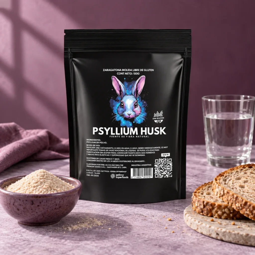 Psyllium Husk — envase Galaxy en una escena de presentación