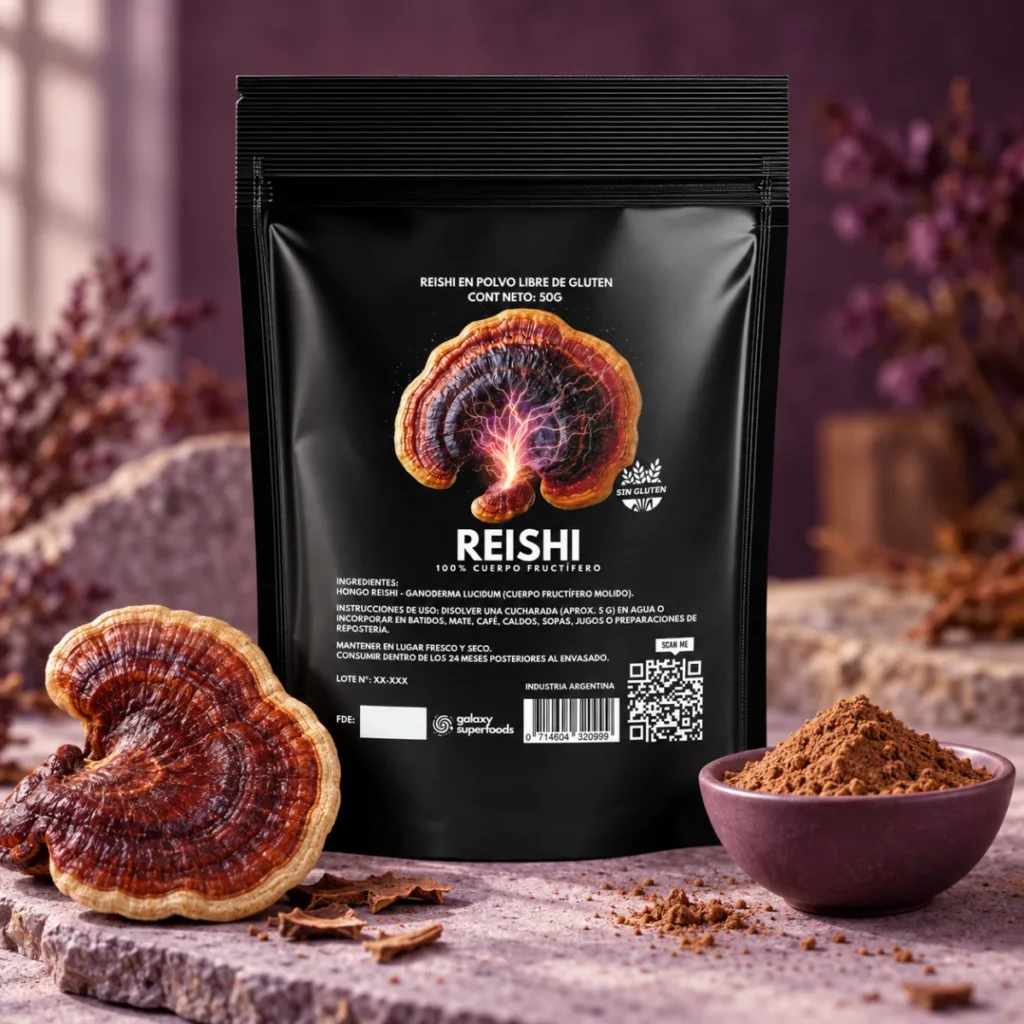 Reishi — envase Galaxy en una escena de presentación
