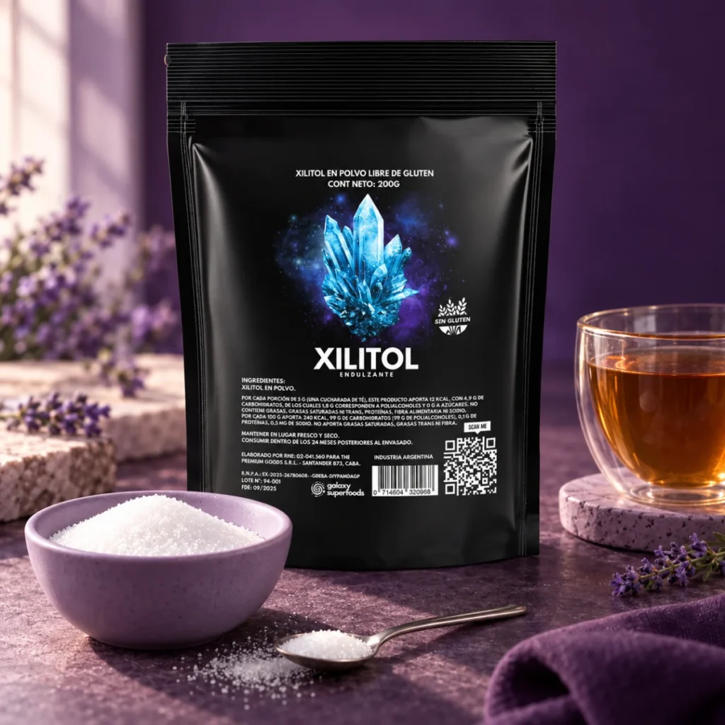 Xilitol puro — envase Galaxy en una escena de presentación